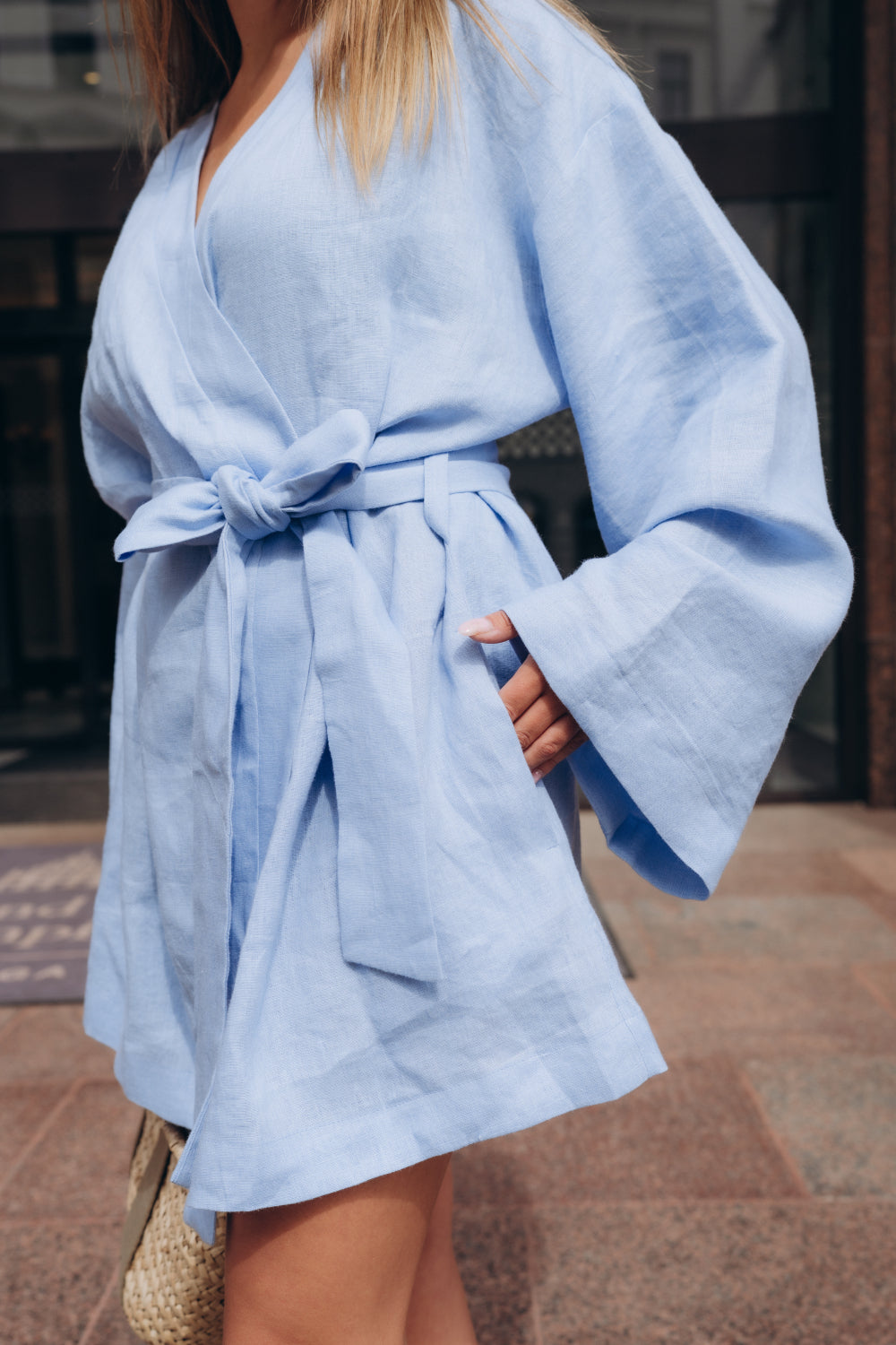 Sky blue linen kimono dress