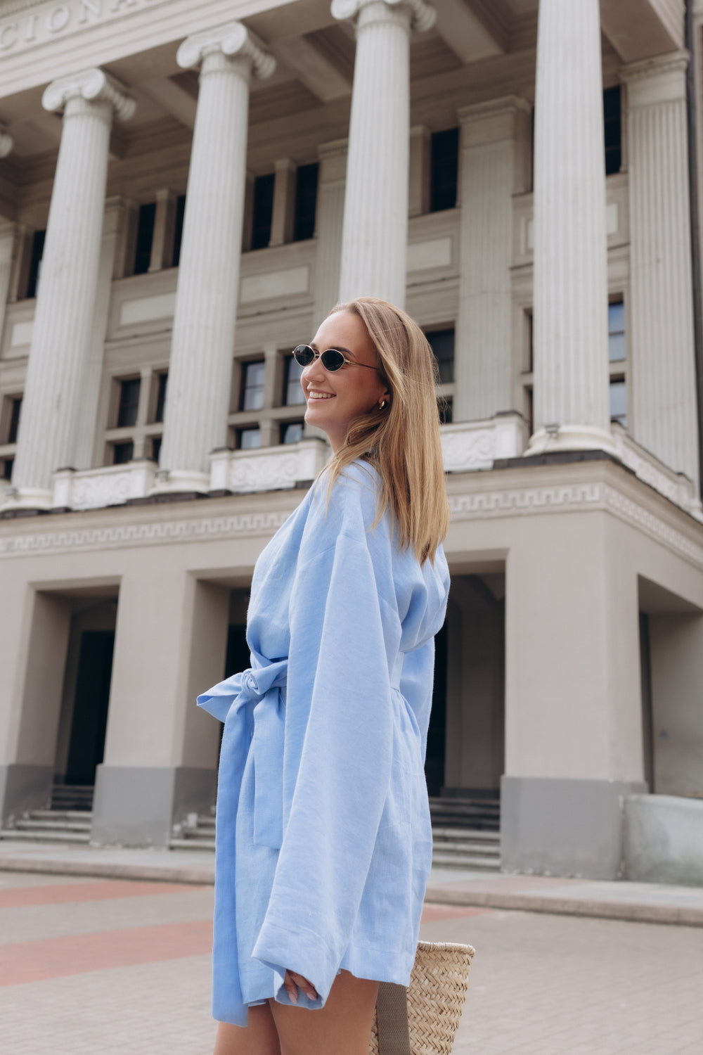 Sky blue linen kimono dress