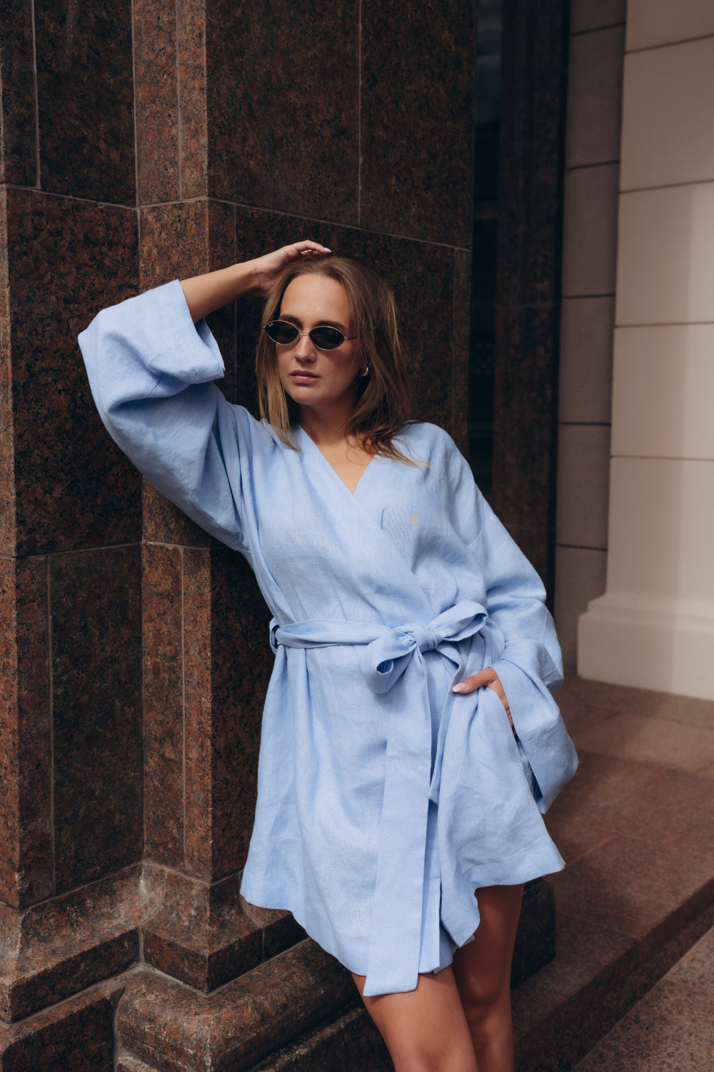 Sky blue linen kimono dress